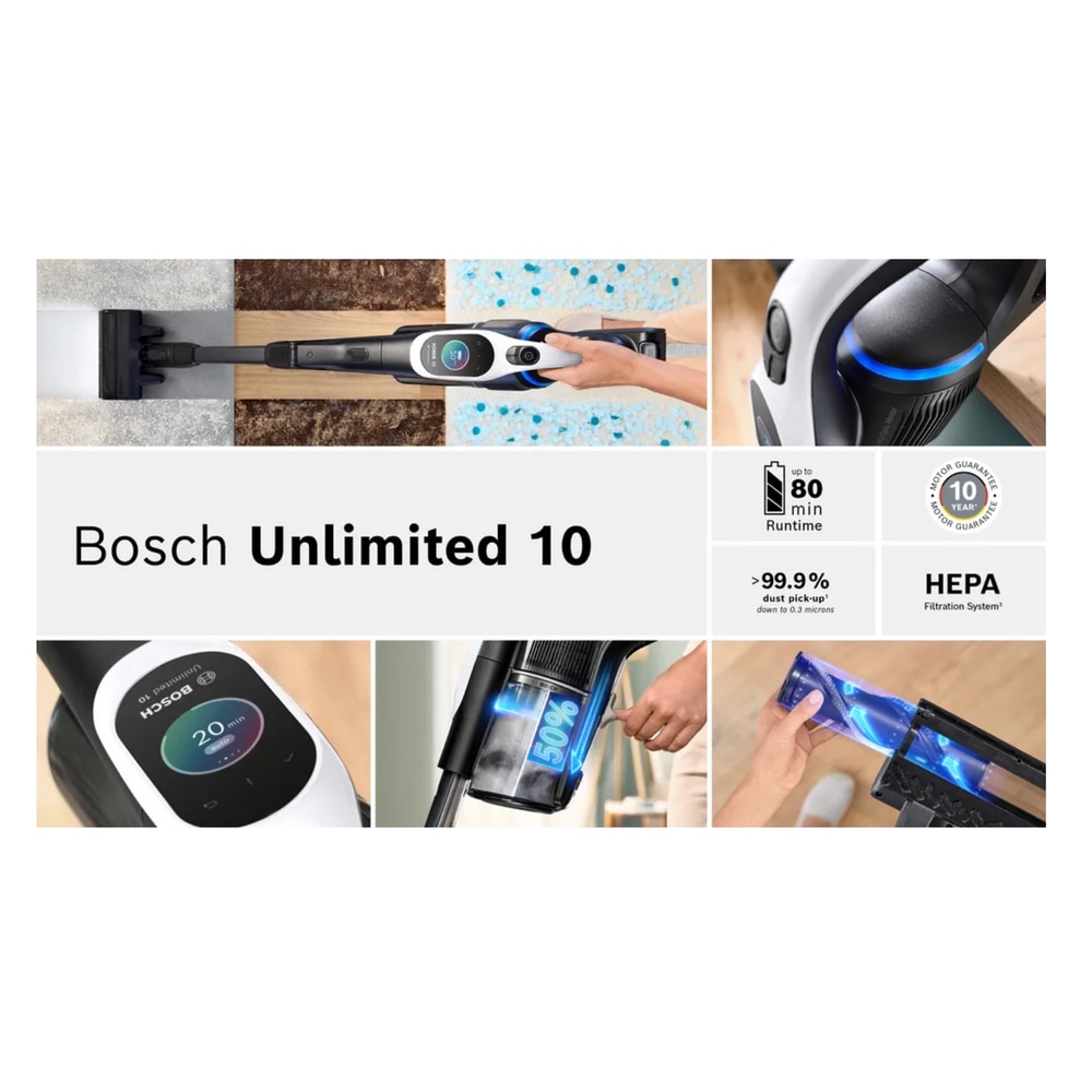 Aspirator vertical cu acumulatori BOSCH UNlimited 10 BCS1041WAC, 23.5 W, Autonomie 80 minute, Filtru HEPA, 6 trepte putere Alb