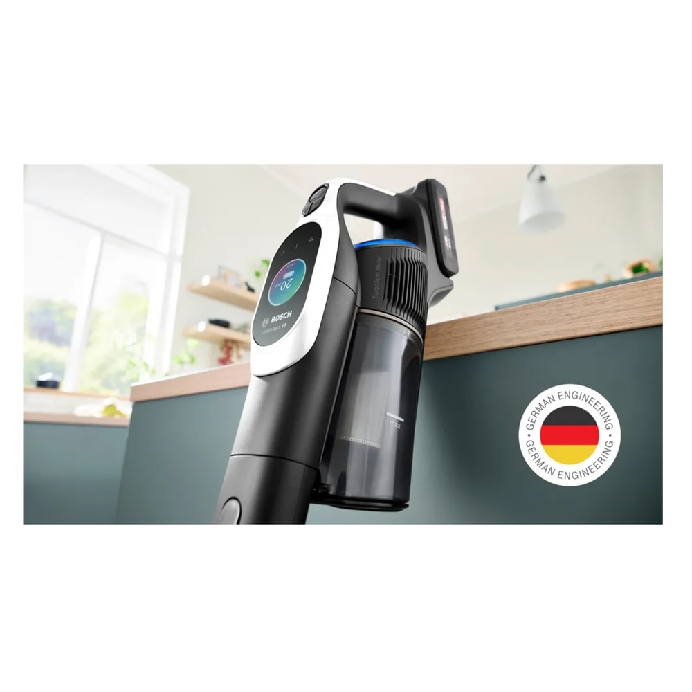 Aspirator vertical cu acumulatori BOSCH UNlimited 10 BCS1041WAC, 23.5 W, Autonomie 80 minute, Filtru HEPA, 6 trepte putere Alb