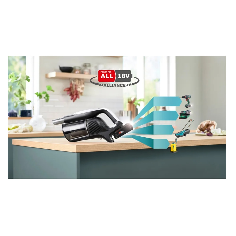 Aspirator vertical cu acumulatori BOSCH UNlimited 10 BCS1041WAC, 23.5 W, Autonomie 80 minute, Filtru HEPA, 6 trepte putere Alb