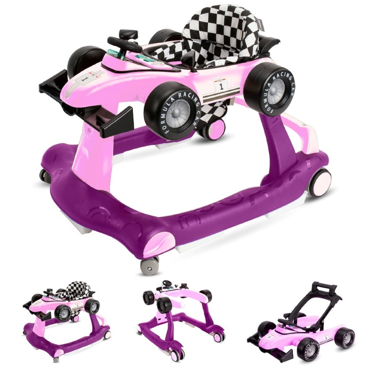 Interaktív Bébikomp, Sun Baby, Játékautó, Forma 1, Rózsaszín, 3 az 1-ben, 6-12 hónapos gyerekeknek, Maximális kapacitás 12 kg, Magasságállítás, Hangpanel, Szilikon kerekek, Könnyen összeszerelhető, Műanyag