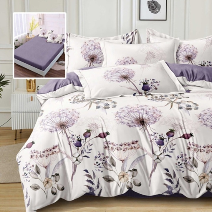 Lenjerie de pat Finet, cearceaf cu elastic 160x200cm, 6 piese, pentru pat dublu, Pucioasa, Multicolor, RAH160-254