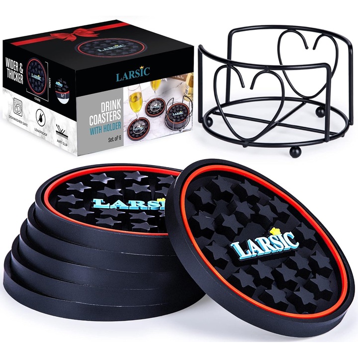 Set 6 suporturi pentru bauturi din silicon, usor de curatat, cu suport inclus, Negru, 14.5 x 1 cm