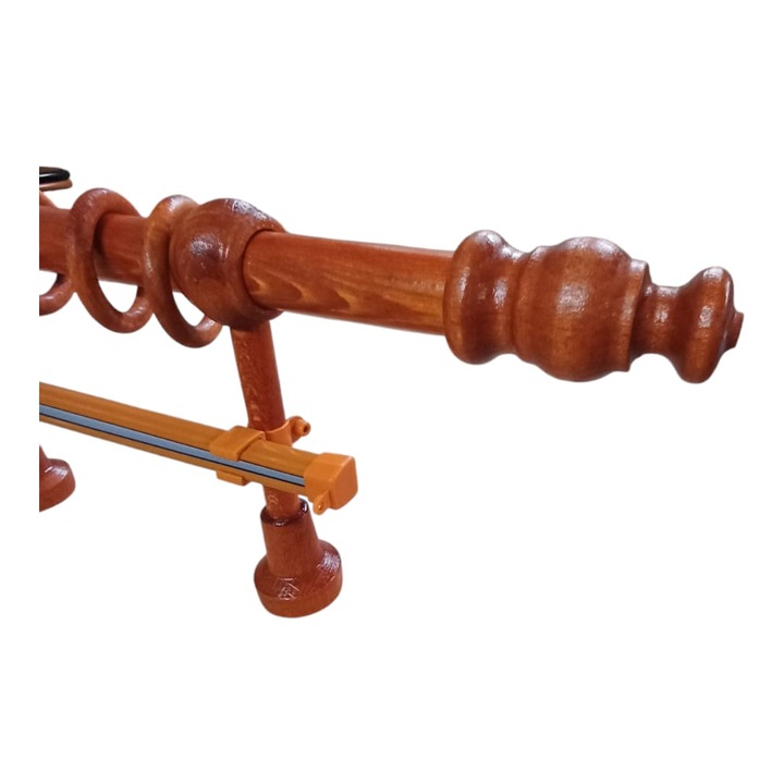 Kit galerie din lemn strunjit pentru perdele/draperii, Model Roma, 120 cm + Sina ''U'' 110 cm toate accesoriile incluse, Culoare Cires