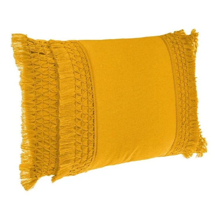 Nyári dekoratív párna, sárga, makramé mintával, 50x30 cm