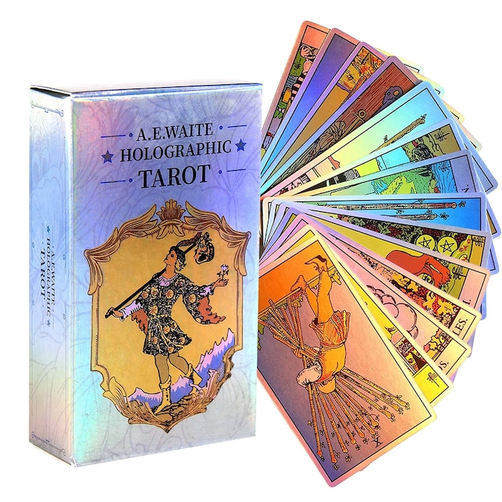 Set 78 carti tarot, model Holographic Tarot, dimensiune mini si portabil, multicolor, 10x6cm