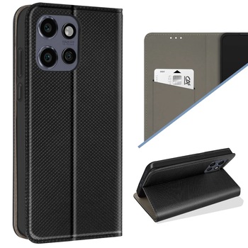Husa pentru Motorola EDGE 50 NEO, tip Carte, cu inchidere Magnetica, buzunar interior, material texturat, Smart Stand, Neagra