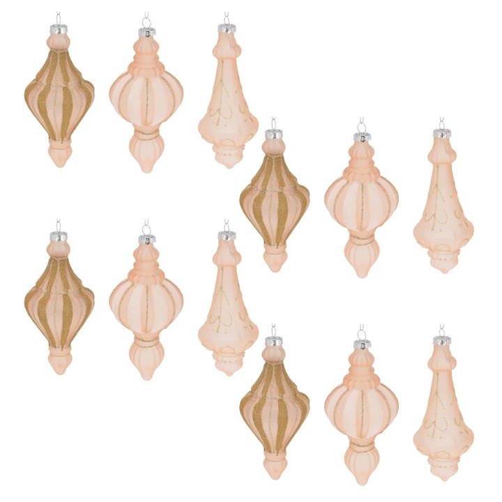 Set 12 globuri din sticla, roz prafuit cu sclipici auriu, dimensiuni glob 7 x 15 cm