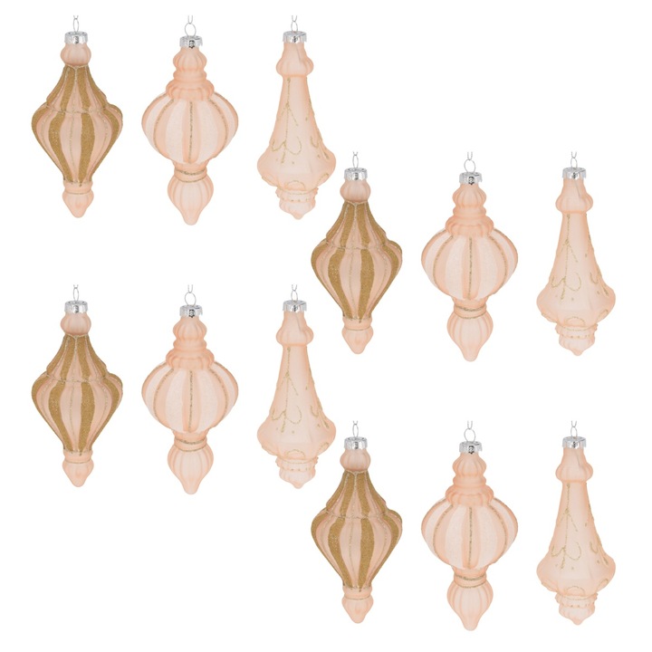 Set 12 globuri din sticla, roz prafuit cu sclipici auriu, dimensiuni glob 7 x 15 cm