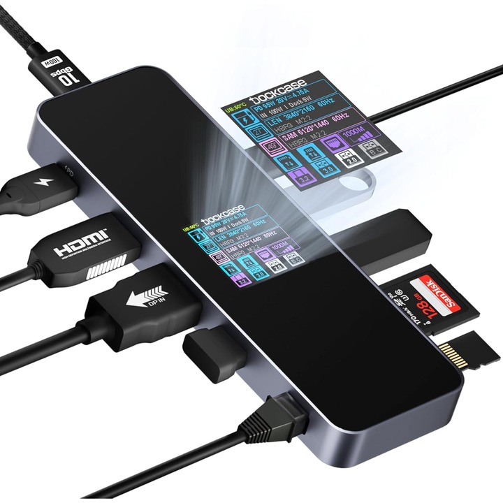 USB-C хъб 10 в 1, Dual 4K @ 60Hz, PD 3.0 100W, RJ45 Ethernet, 2 USB 3.2, 2 USB 2.0, UHS-II SD/TF четец на карти, сив