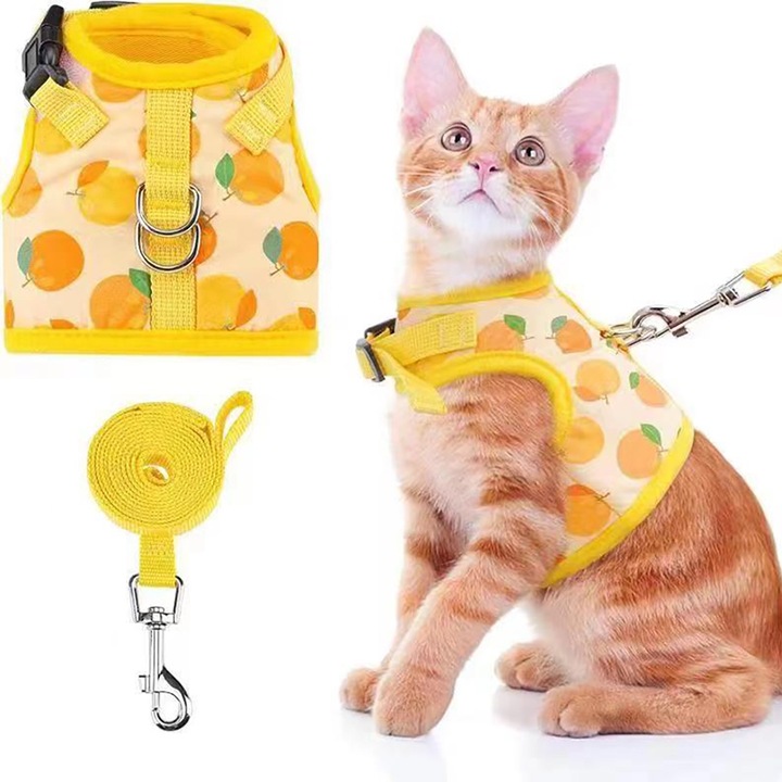 Set ham si lesa pentru pisici, material moale si respirabil cu banda reflectorizanta, usor de purtat, galben, S