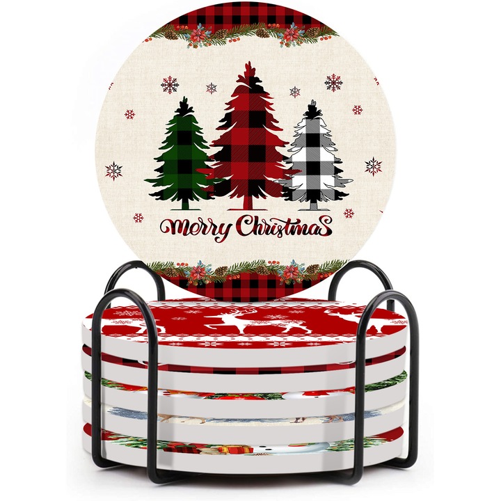 Kerámia pohártartók, karácsonyfa mintával, piros szín, 2 darabos szett