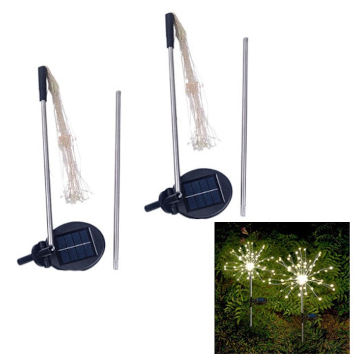 Lumini solare de gradina in aer liber 2 pachete de 90 LED-uri lumini de artificii sclipitoare decorative cu 2 moduri, lumina solara stelara rezistenta la apa pentru exteriorul caii de gradina alb cald