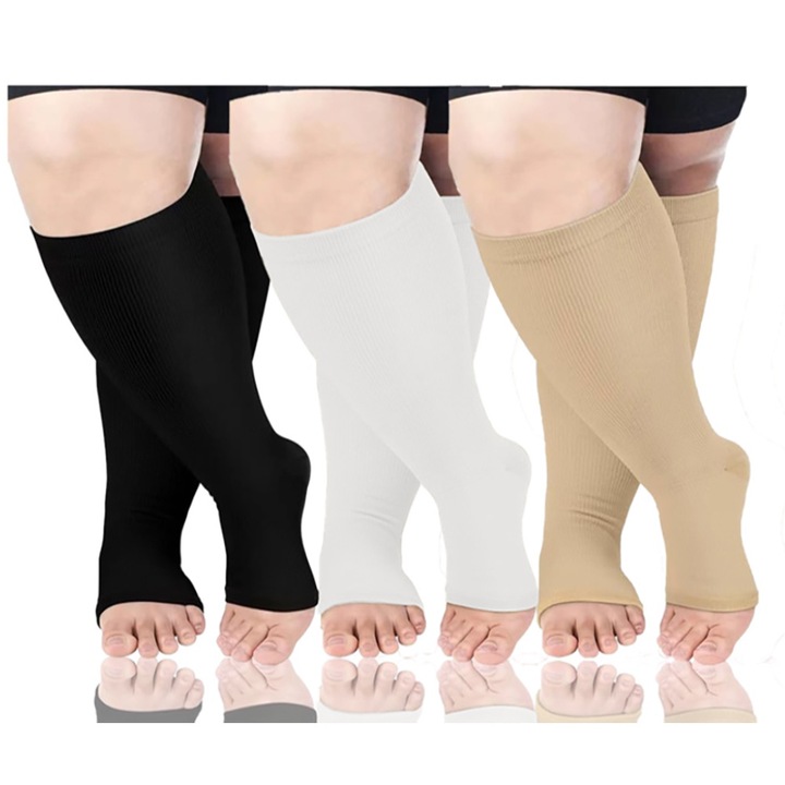 Kompressziós zokni vádlira, 3 pár készlet, 2XL, 15x8,5-10x37 cm, fekete/fehér/bőrtónus, nejlon/spandex