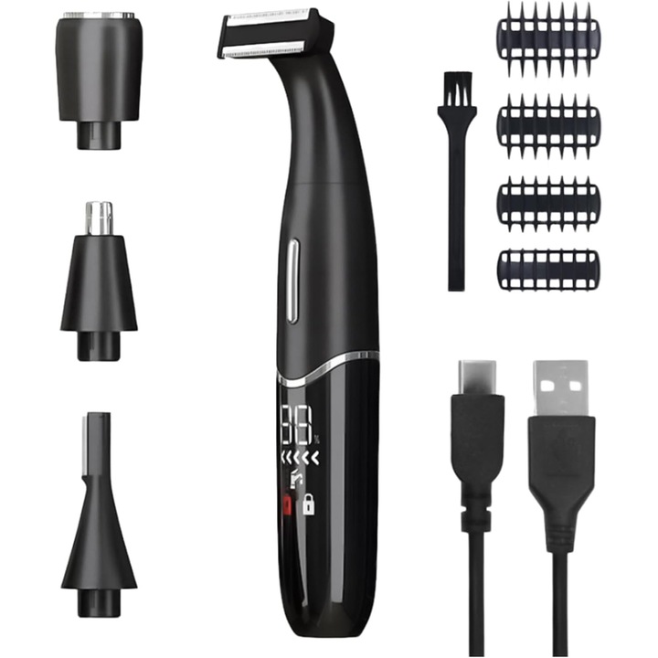 Epilator facial 4 in 1, multifunctional, negru, pentru femei si barbati, cu functie de taiere pentru zone intime, reincarcabil