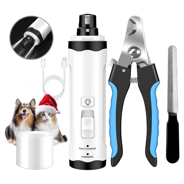 Elektromos állati körömreszelő, 2 sebességes, LED-del, kutyáknak és macskáknak, USB-n tölthető, YQLAFT, fehér