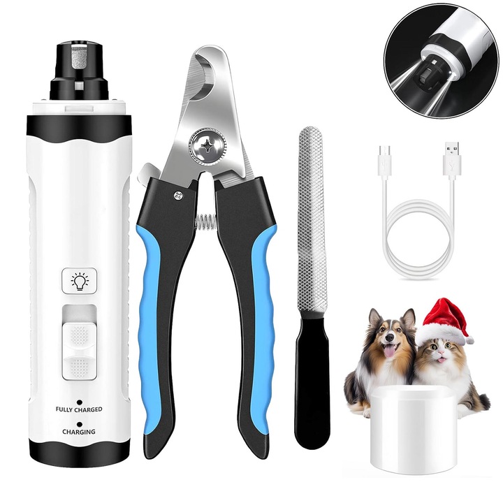 Pila Electrica de Unghii pentru Animale de Companie, Disc Diamantat, 2 viteze, cu LED, Acumulator 1500 mAh, reincarcabil USB, pentru caini si pisici, YQLAFT, alb