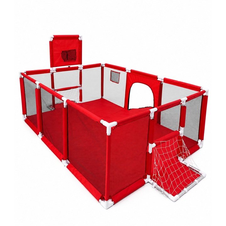 Tarc de joaca, centru de activitati pentru copii Promerco®, 180x120 cm, design cu plasa de protectie, cos pentru mingi, doua porti de fotbal, structura stabila
