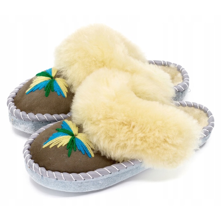 Papuci dama, Sheepmania, Zakopianka, piele naturala, interior lana, multicolor