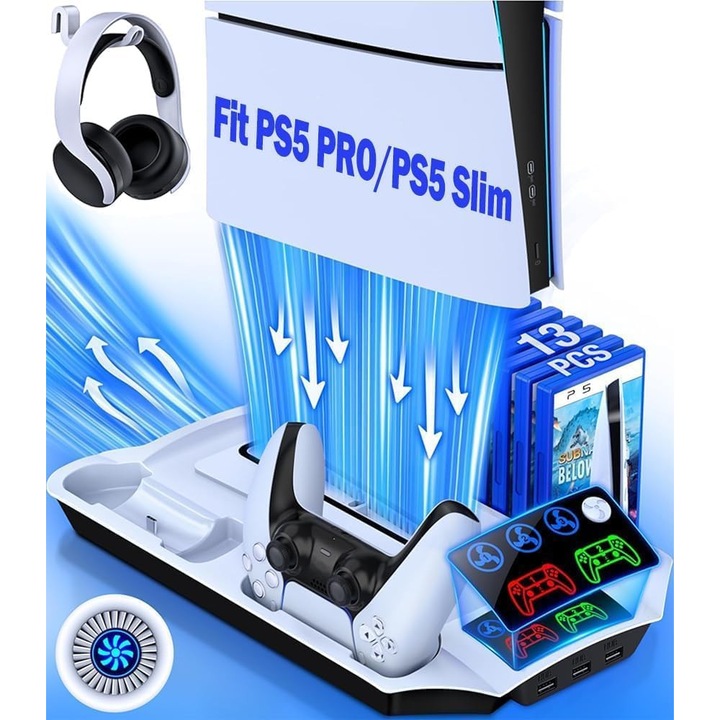 Stand si statie de racire multifunctional pentru PS5 / PS5 Slim / PS5 Pro, Cu statie incarcare controlle dublu, Suport pentru casti, Ventilator de racire, Afisaj LED, Slot 13 discuri, 3 porturi USB, Compatibil cu PS5/PS5 Slim/PS5 Pro, OUYLAF, Alb