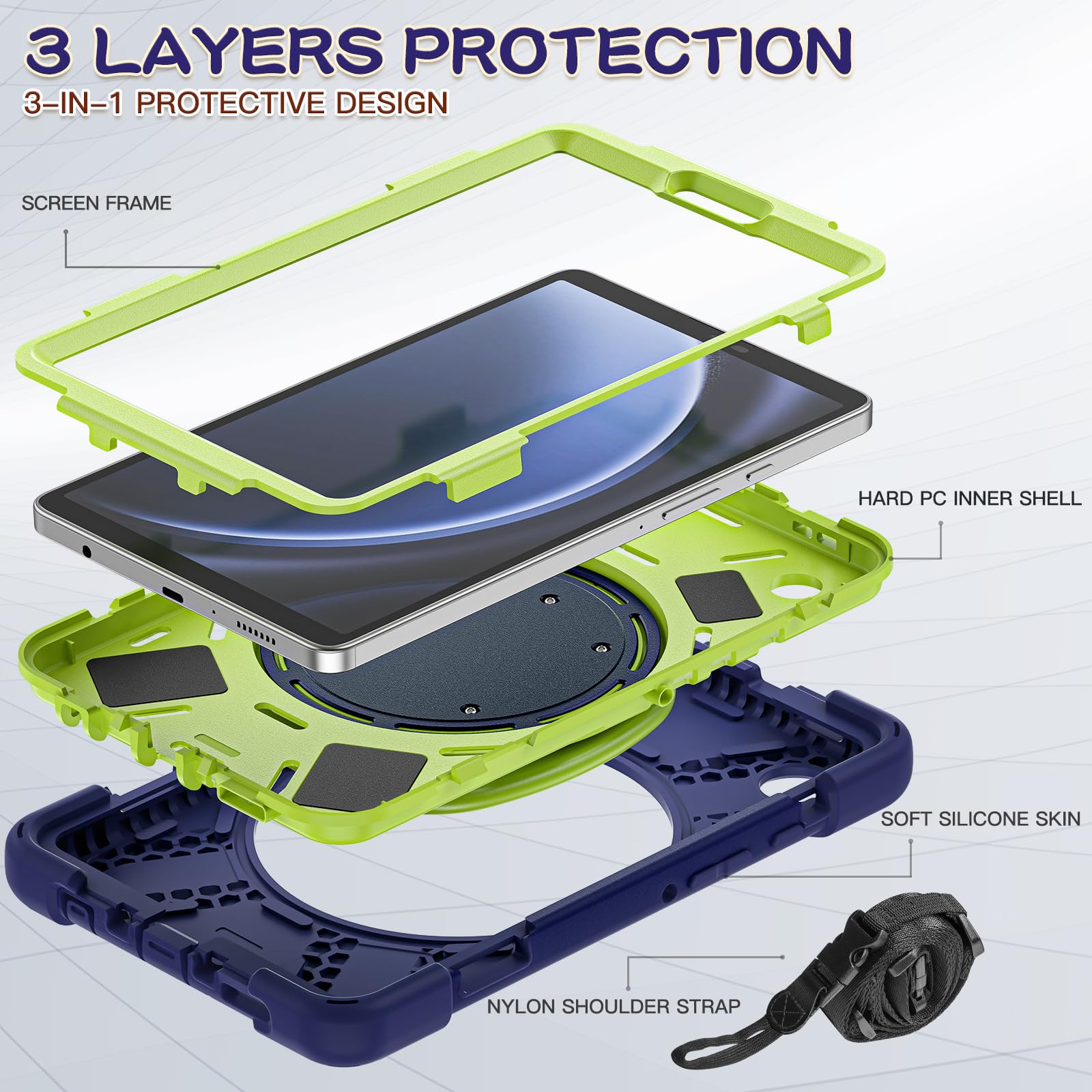 Husa pentru Galaxy Tab A9 8.7" 2023, protectie robusta, suport rotativ 360°, curea de umar, albastru+verde