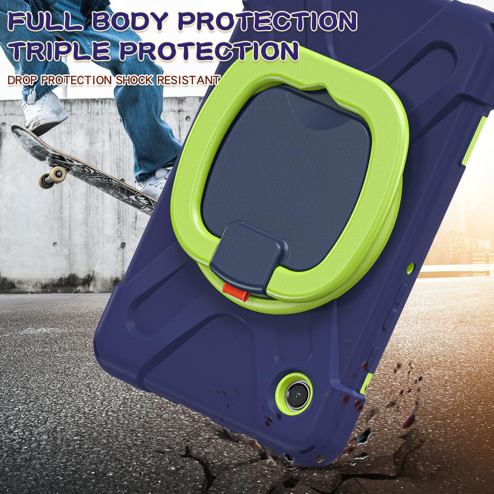 Husa pentru Galaxy Tab A9 8.7" 2023, protectie robusta, suport rotativ 360°, curea de umar, albastru+verde