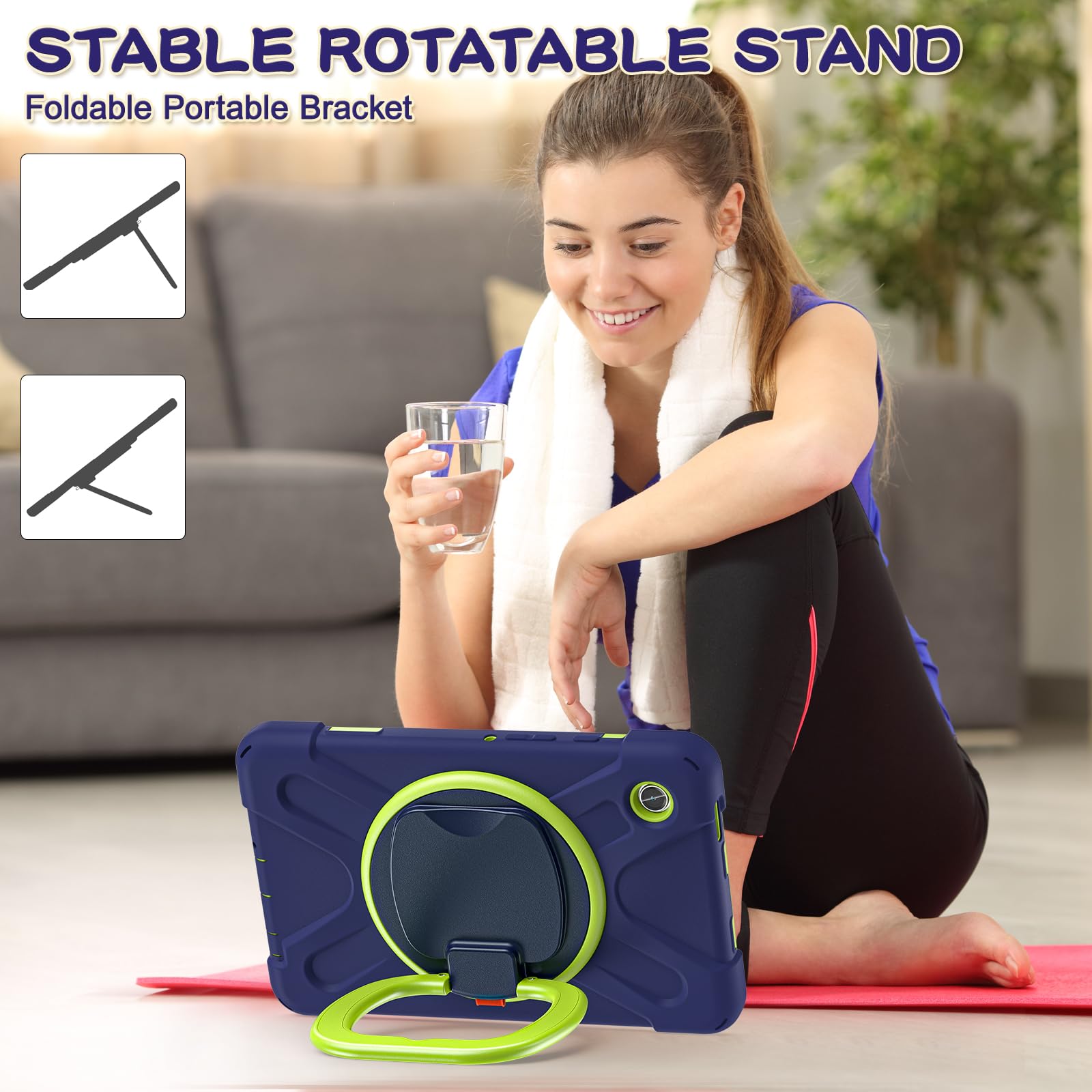 Husa pentru Galaxy Tab A9 8.7" 2023, protectie robusta, suport rotativ 360°, curea de umar, albastru+verde