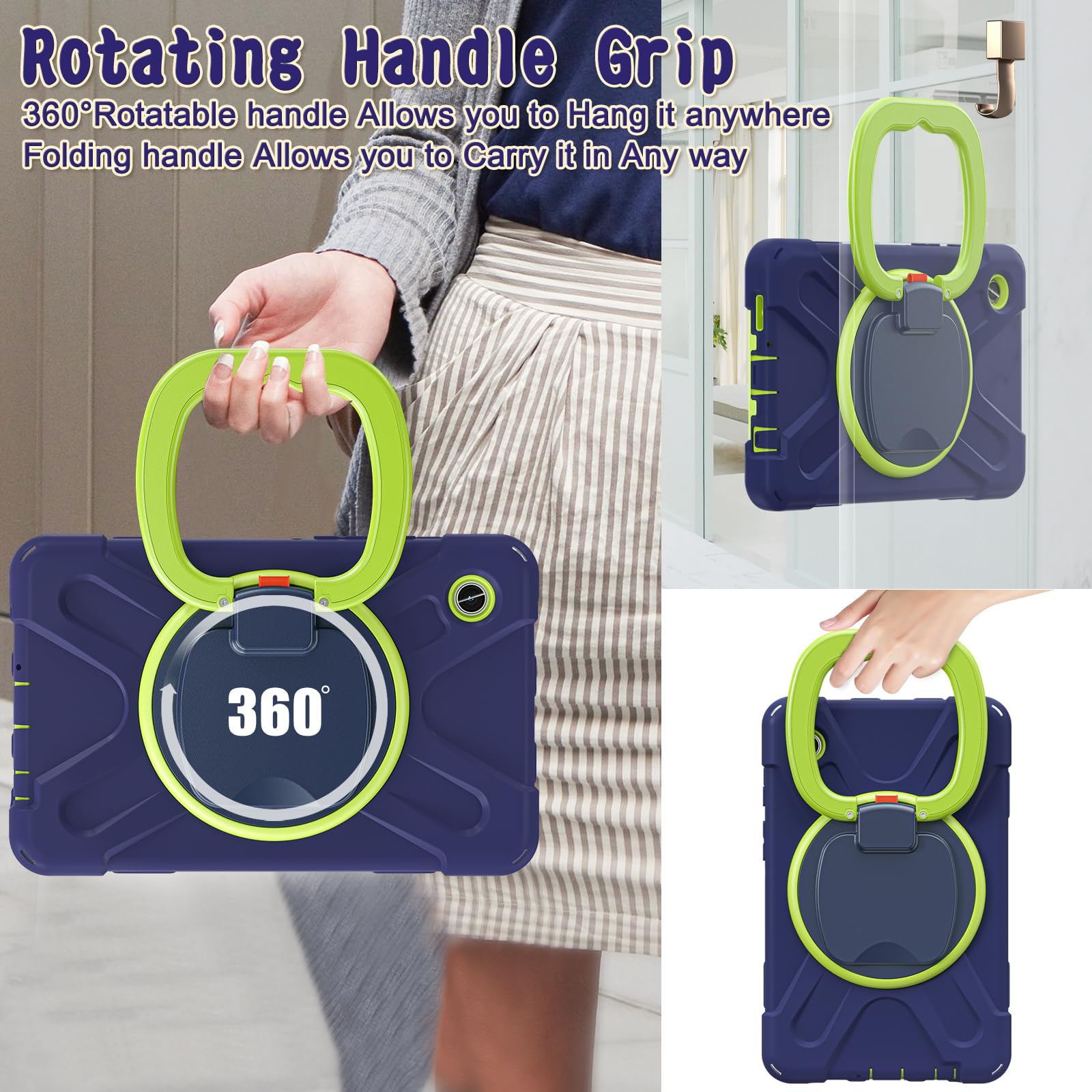 Husa pentru Galaxy Tab A9 8.7" 2023, protectie robusta, suport rotativ 360°, curea de umar, albastru+verde