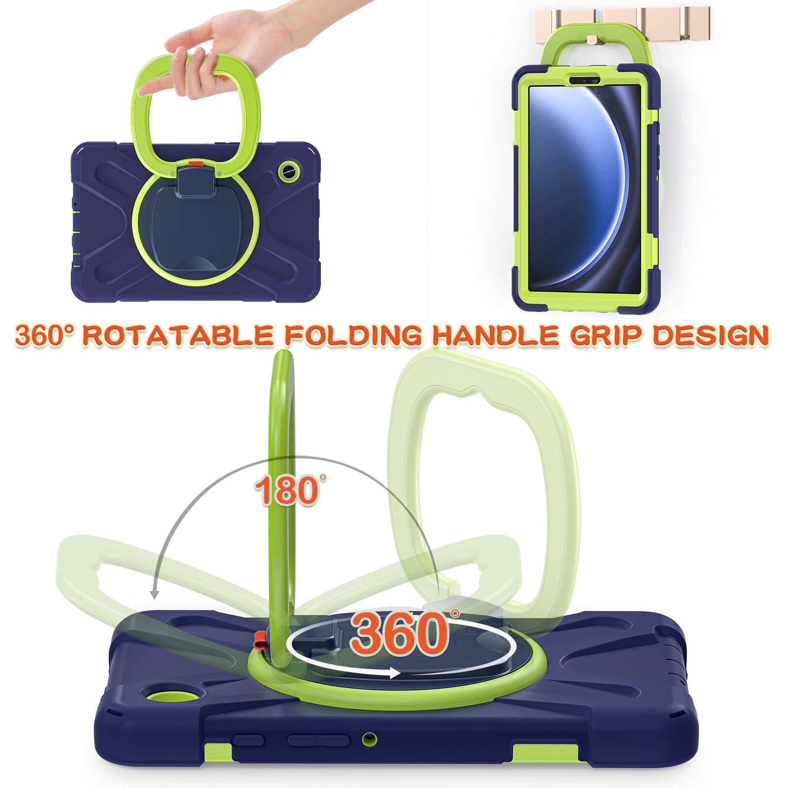 Husa pentru Galaxy Tab A9 8.7" 2023, protectie robusta, suport rotativ 360°, curea de umar, albastru+verde