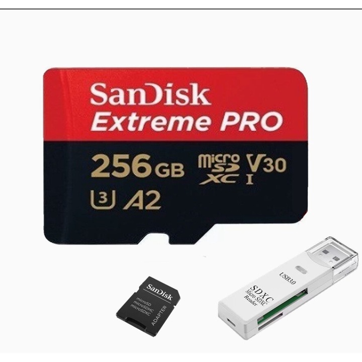 Карта памет SanDisk Extreme microSDXC 256GB, до 190MB/s & 130MB/s Скорости на четене/запис A2 C10 V30 UHS-I U3 + SD адаптер