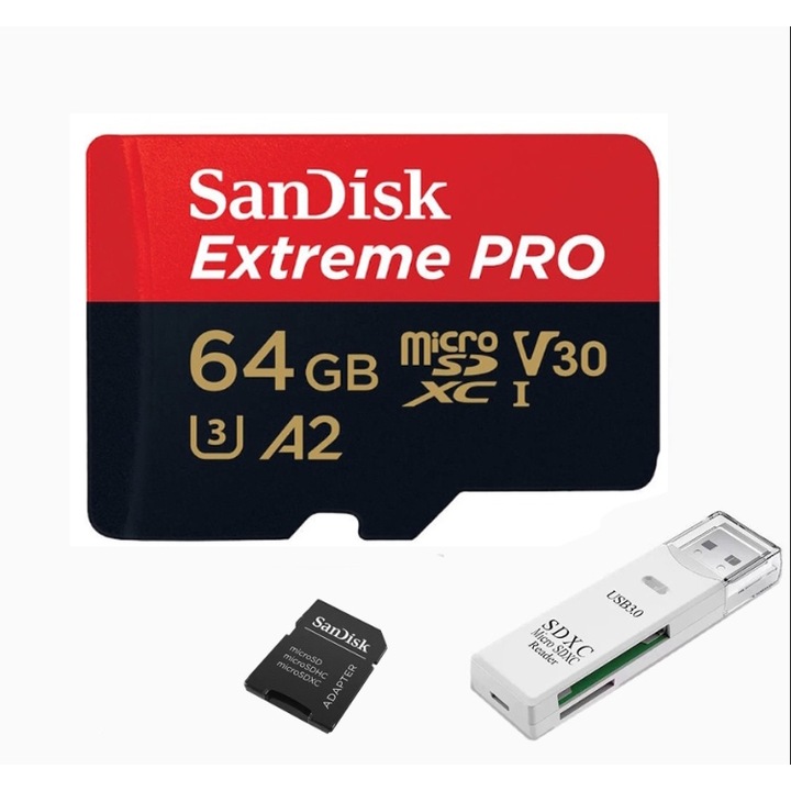 Карта памет SanDisk Extreme microSDXC 64GB, до 190MB/s & 130MB/s Скорости на четене/запис A2 C10 V30 UHS-I U3 + SD адаптер