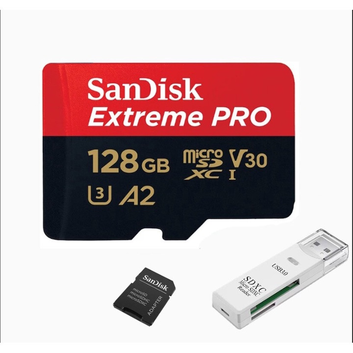 Карта памет SanDisk Extreme microSDXC 128GB, до 190MB/s & 130MB/s Скорости на четене/запис A2 C10 V30 UHS-I U3 + SD адаптер