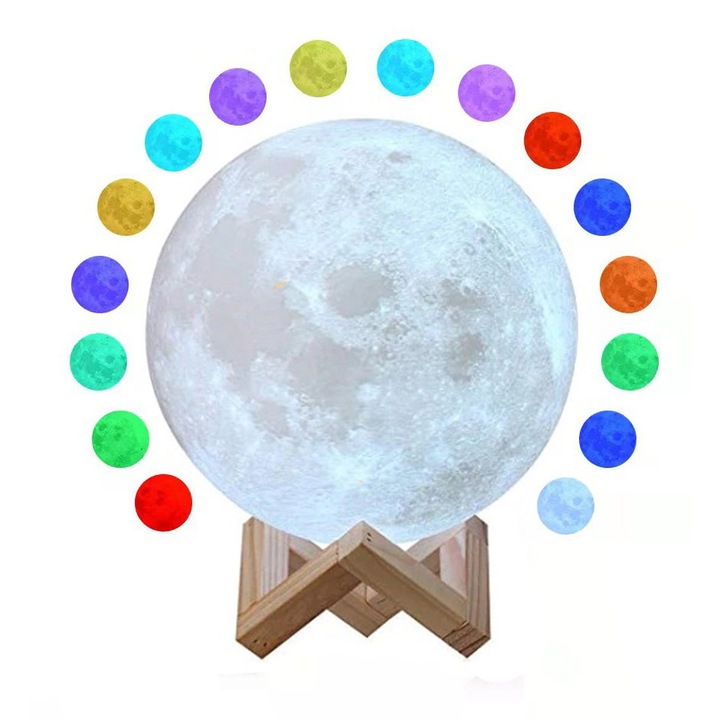 Lampa de Veghe Luna 3D Moon Light, LED Multicolor 7 Culori, Schimbare Culoare prin Atingere, Alimentare Baterii, Stand Plastic Inclus, 15 cm