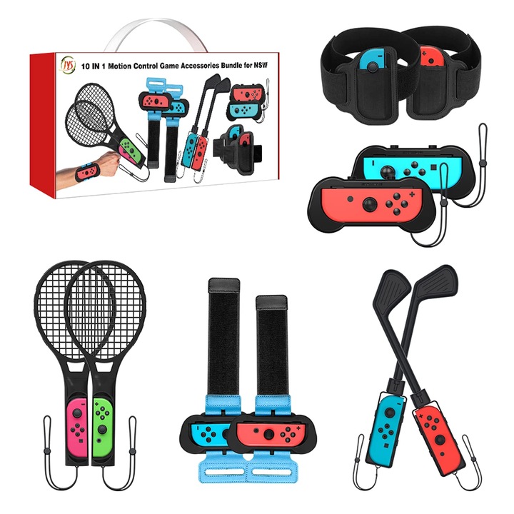 Set accesorii 10 in 1 pentru Nintendo Switch, golf, tenis, bratari, curele pentru picioare, multicolor