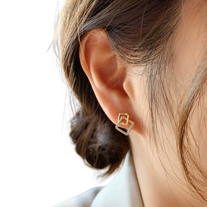 Cercei dama, Geometrici Patrati, TREXORA, placati cu Aur 14K, Auriu