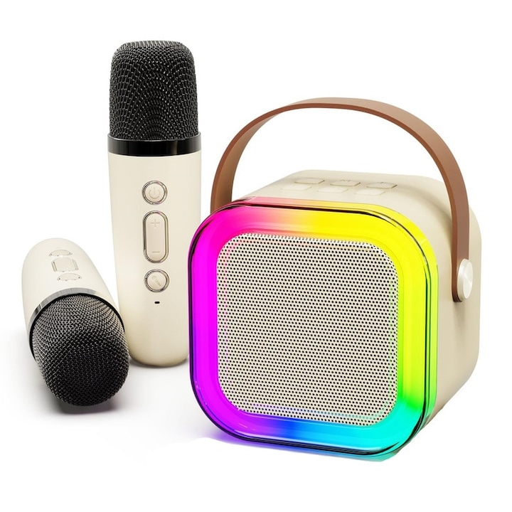 Set Boxa Bluetooth Karaoke Cu 2 Microfoane Wireless MRG MK12, Bluetooth 5.3, Lumini RGB, 4 Efecte Vocale, Sunet Stereo 3D 5W, Alb