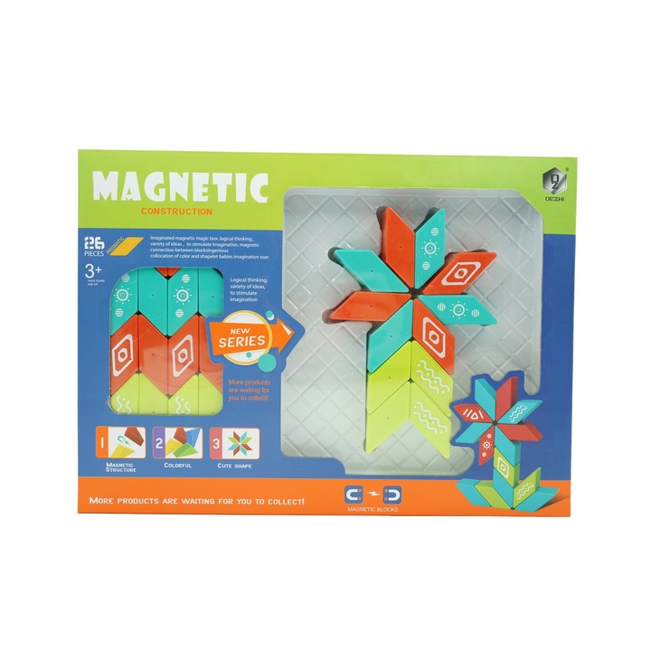 Set inteligent de constructie cu piese magnetice, 26 piese, +3 ani, multicolor