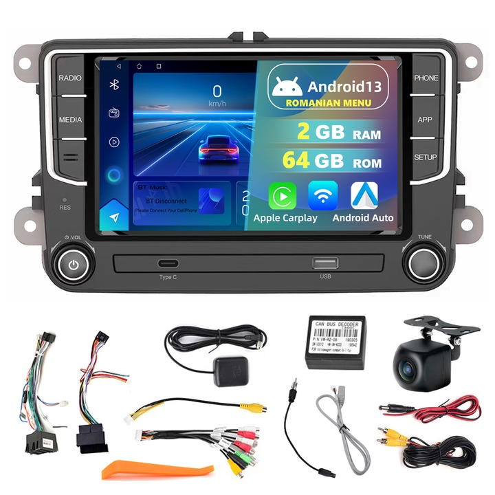Navigatie GPS Android 13 Carplay, 2GB RAM, 64GB ROM, Display 7 inch, pentru VW Passat B6, 7, Eos, Tiguan, Golf 5, 6, Skoda Octavia 2, Caddy, Sharan, Jetta Fabia, Superb, Seat Leon, Altea, Toledo, WIFI, Bluetooth