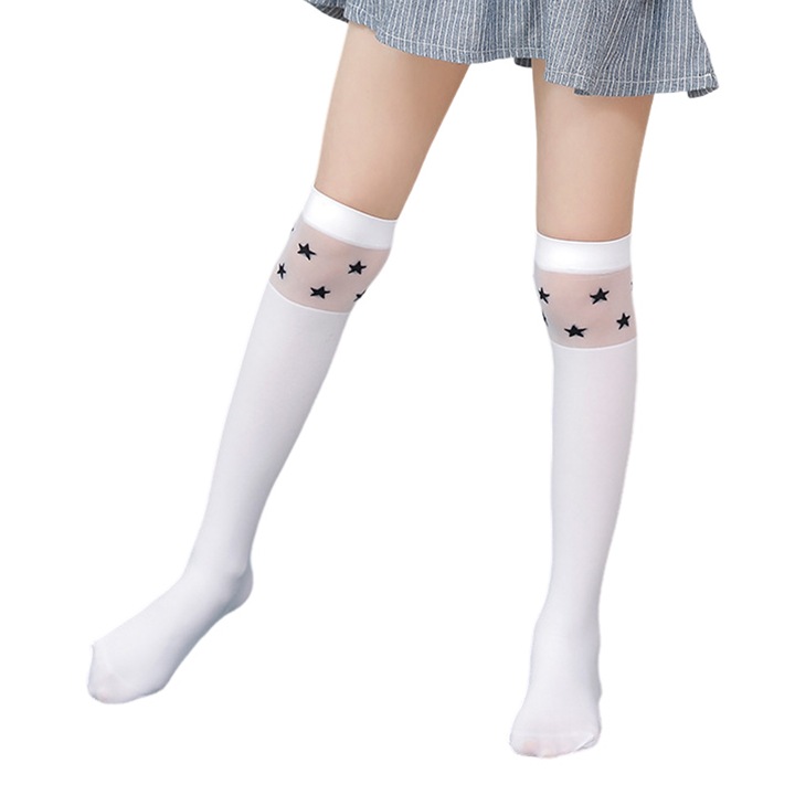 Sosete peste genunchi pentru fete, TREXORA, model cu stele negre, elastice, albe, marime unica