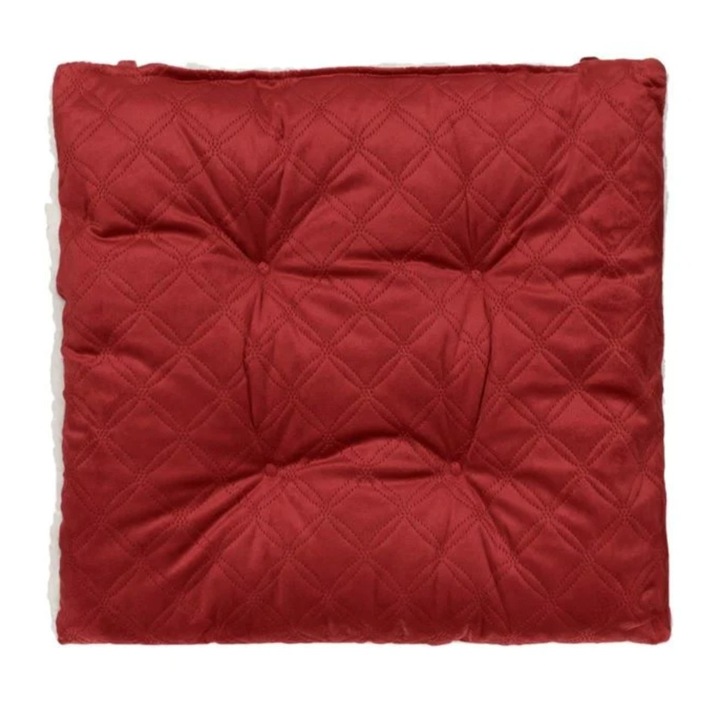 Perna pentru scaun, cu doua fete, velvet/blana sherpa, rosu/alb, 40x40x4cm