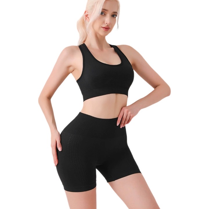 Set sportiv 2 piese, TREXORA, sutien sport si pantaloni scurti fara cusaturi, negru, marime L