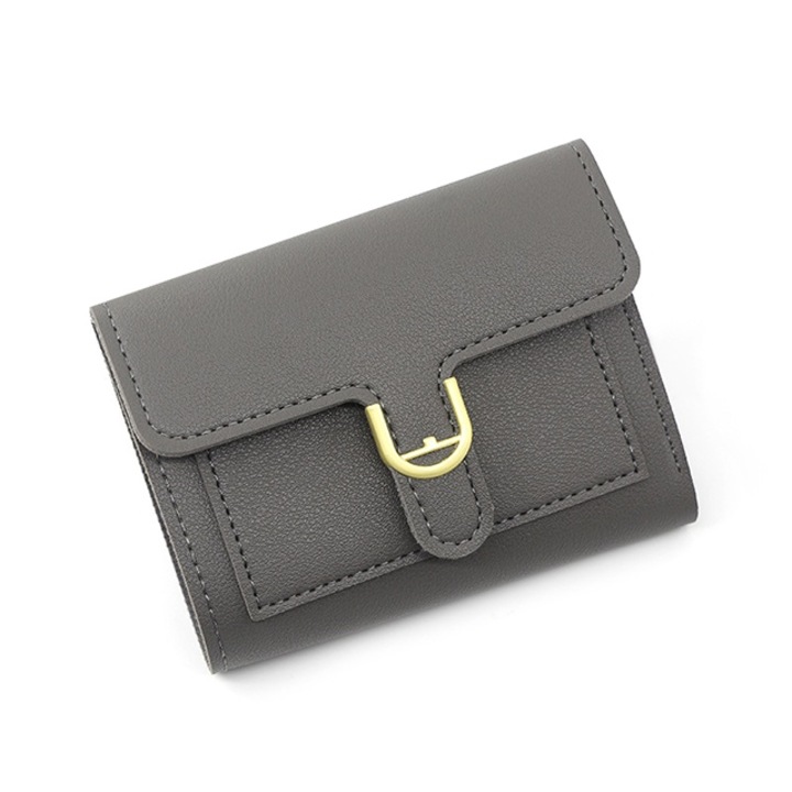 Portofel dama, piele ecologica, sistem inchidere capse cu design catarama, compartimente multiple, gri