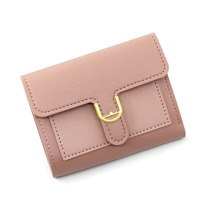 Дамски портфейл, еко кожа, затваряне с щракване с дизайн на катарама, множество отделения, розов