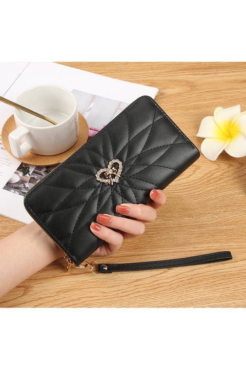 Portofel de Dama cu 16 Locuri de Card, Bancnote si Telefon, inchidere cu Fermoar, cu Insertie Eleganta de Inimioara si Funda, cu bucla de Prindere de Mana, Negru, PriStyle®, 19.5x10x2.5cm