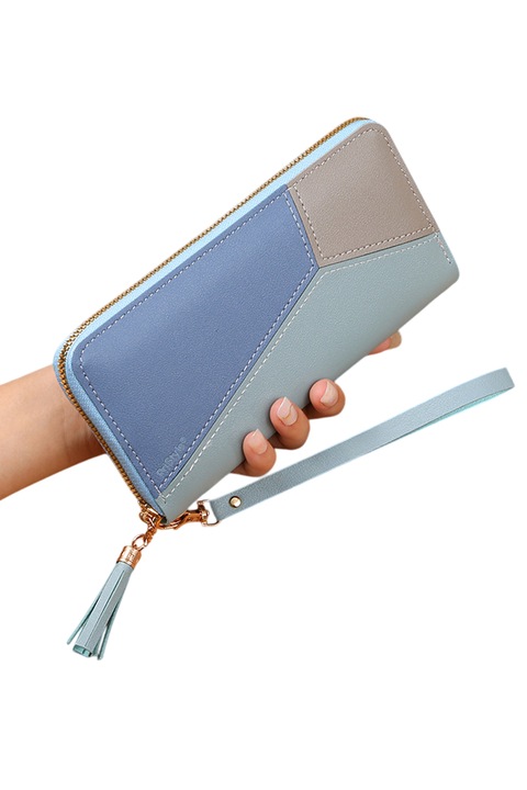 Portofel de Dama cu 16 Locuri de Card, Bancnote si Telefon, inchidere prin Fermoar, cu Model Stilat Geometric, cu bucla de Prindere Mana, Albastru Pastel, PriStyle®, 19x10x2cm