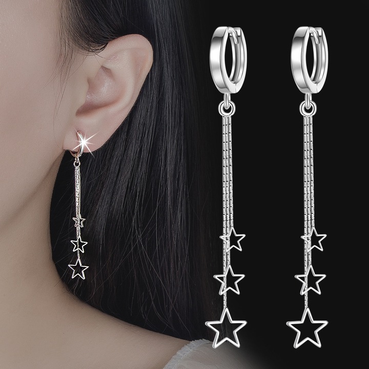 Cercei pentru femei Long Star, S925 Argint, Platina, 6.5cm