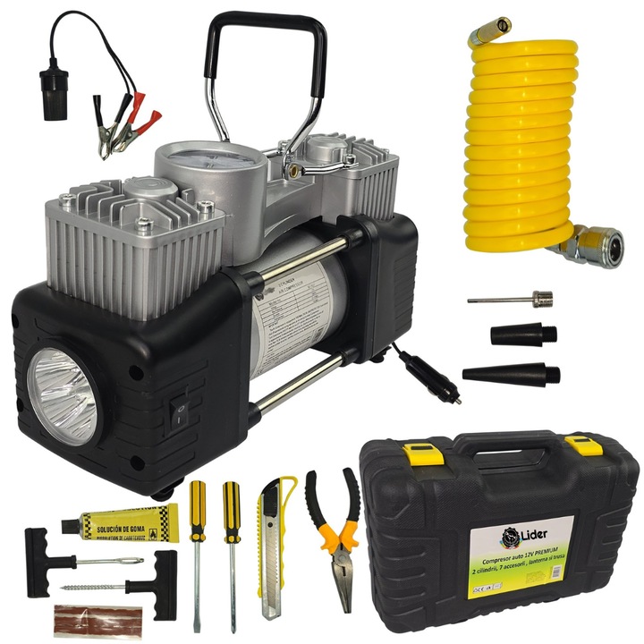 Пълен комплект от 12V компресор за кола Lider® Premium, 2 цилиндъра, 150PSI, 70L/min, комплект за ремонт на гуми, комплект инструменти, 7 аксесоара, бързо и ефективно решение за гуми