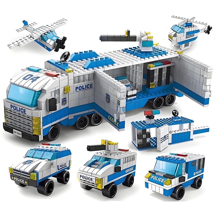 Комплект за сглобяване на градска полиция, 6 в 1, 1000 блокчета, синьо/бяло, за деца над 6 години