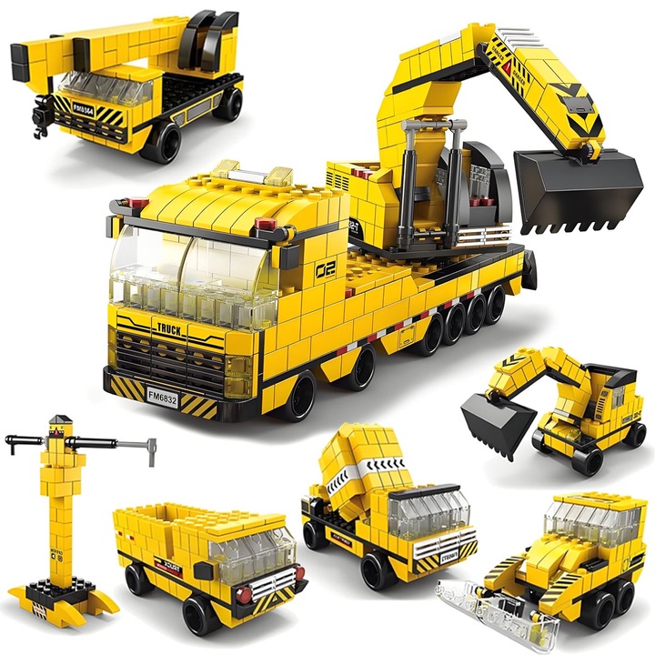 Set blocuri de constructie, 6 in 1, 1000 piese, vehicule de inginerie, galben, pentru copii peste 6 ani