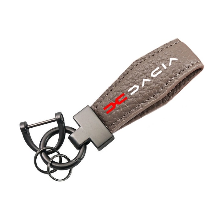 Breloc Chei DACIA, Piele de Miel si Metal, 11x2,8 cm, Pentru 3-5 Chei, Design Clasic Unisex, Gri