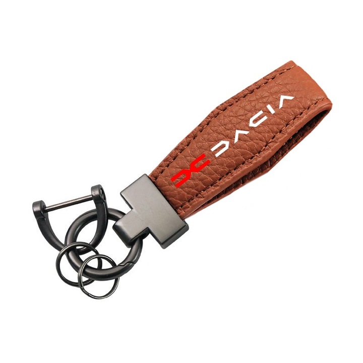 Breloc Chei DACIA, Piele de Miel si Metal, 11x2,8 cm, Pentru 3-5 Chei, Design Clasic Unisex, Maro
